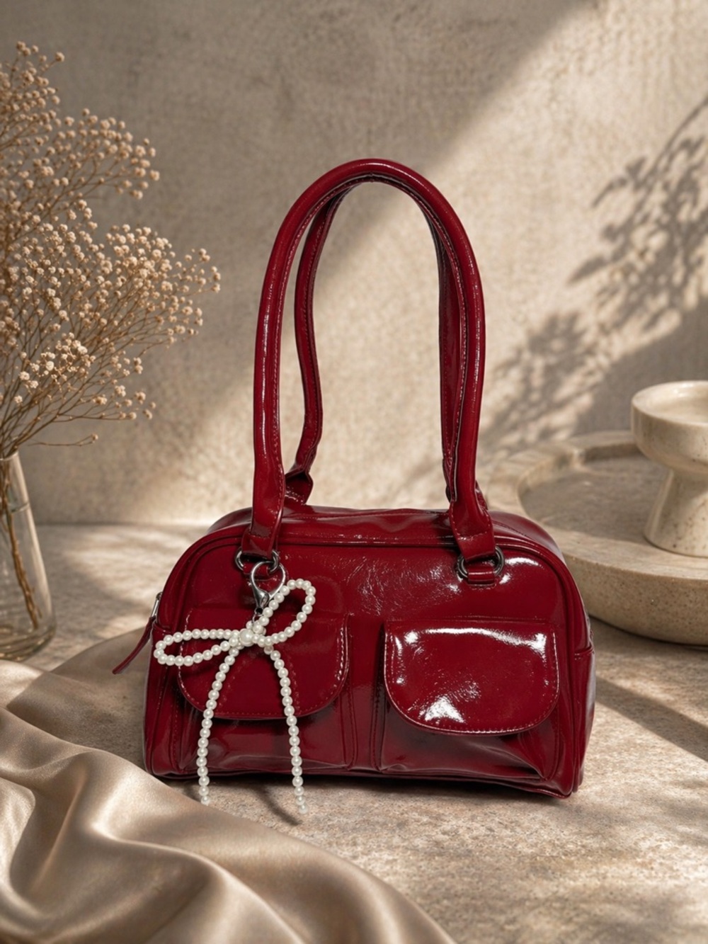 2026❤️‍🔥Elegant Designer Women’s Bag With Glossy Red Finish And Pearl Bow Detail